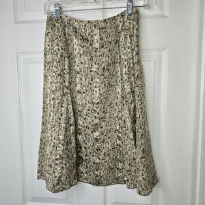 Talbots Petite silk olive, sage, gold print A-line side zip womens skirt 2petite